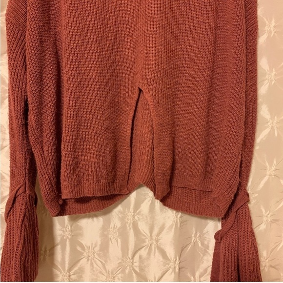 Express Tie Sleeve Split Back Cropped Sweater Pink Brown V Neck Oversized Knit - Picture 8 of 13